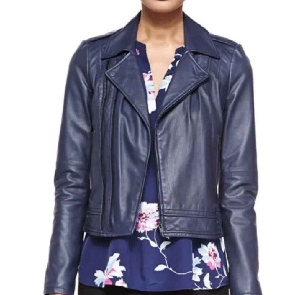 JOIE Caldine Moto Jacket Navy Blue Leather Zip Up Collared Women’s Size Medium - Picture 14 of 16